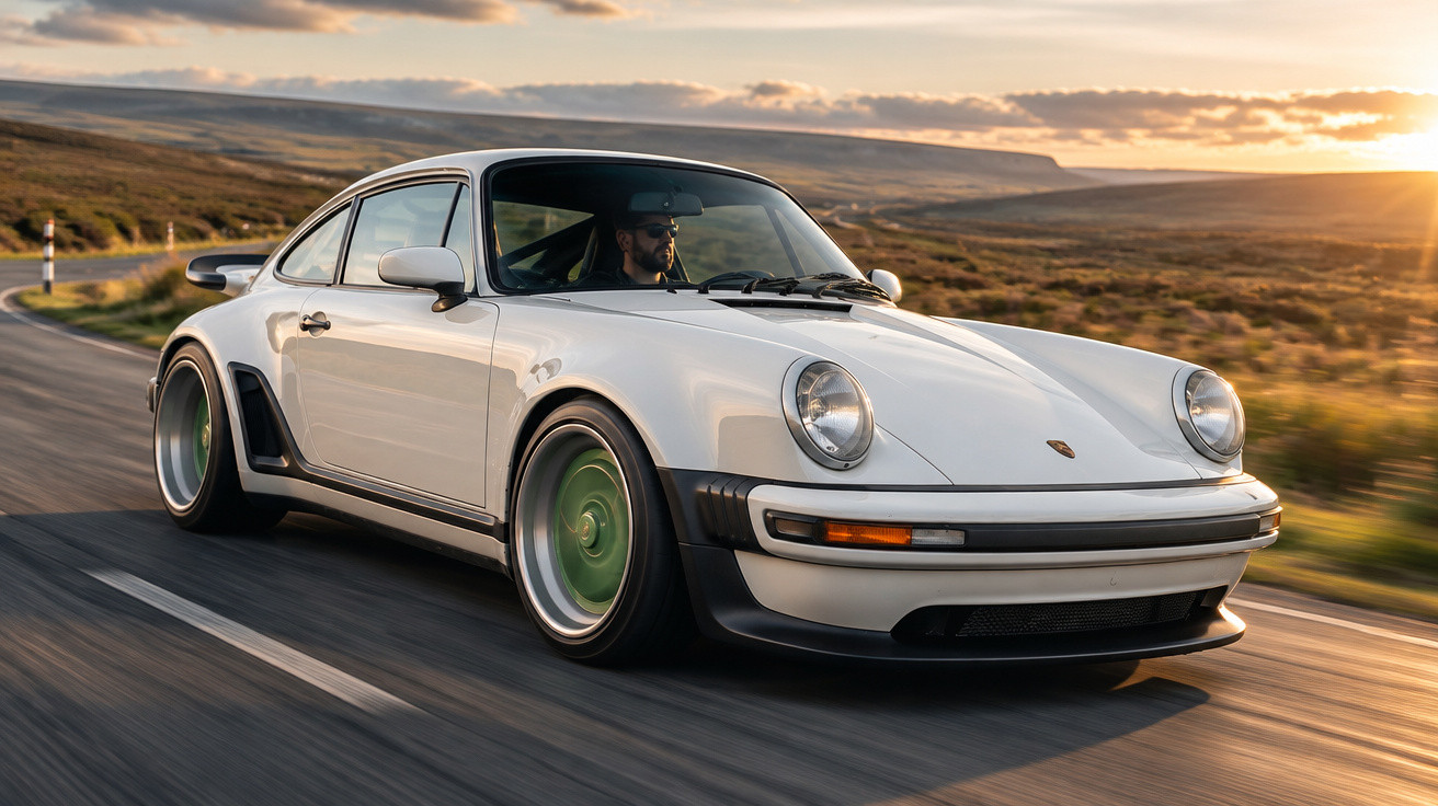 White vintage Porsche 911 with green rims driving on a country road at sunset with hills in the background.