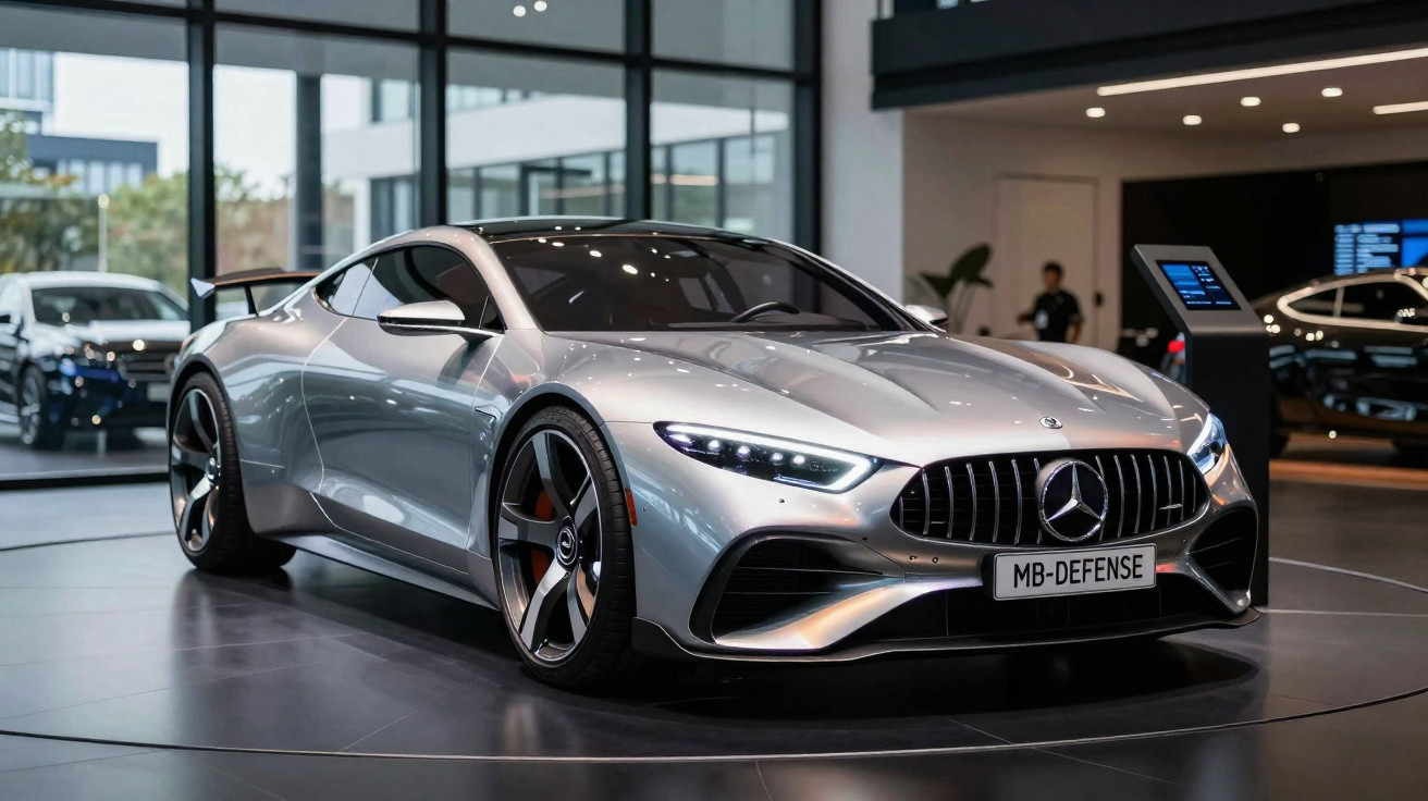 Silver Mercedes-Benz sports car displayed in a showroom with sleek aerodynamic design and LED headlights.