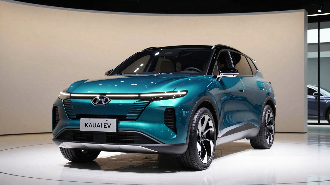Blue Hyundai Kauai EV electric SUV displayed in showroom with sleek modern design and LED lighting.