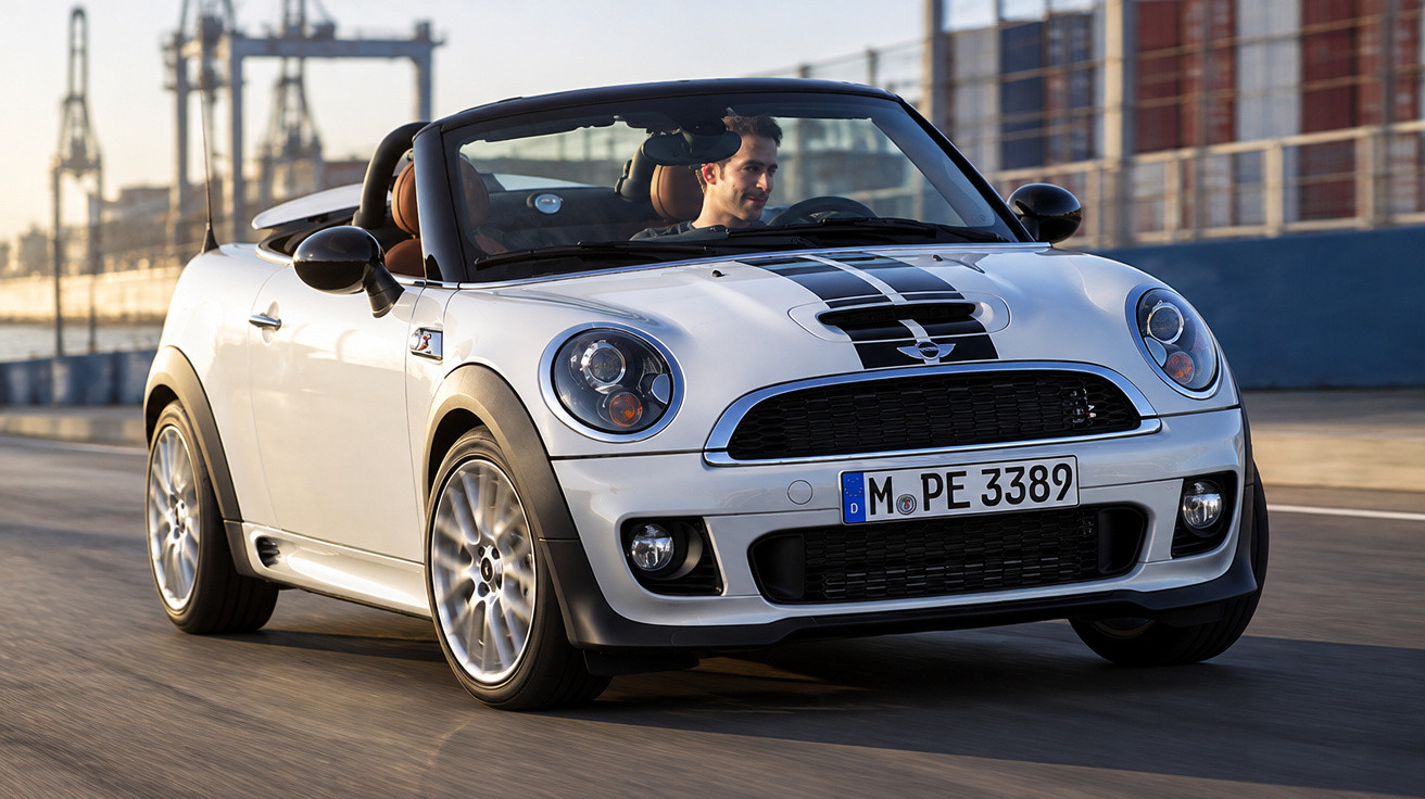 White Mini Cooper convertible with black racing stripes driving on an urban road near shipping containers.
