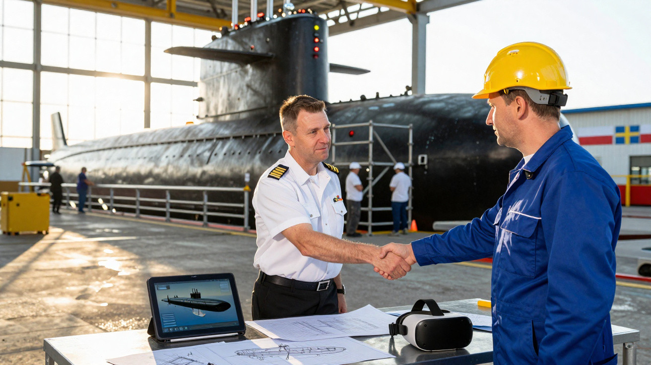 Naval officer and engineer shaking hands inside a submarine dock with design plans and VR headset on table.