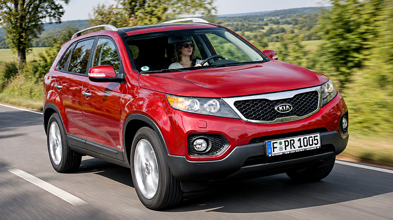 Red Kia SUV driving on a countryside road with a woman wearing sunglasses behind the wheel.