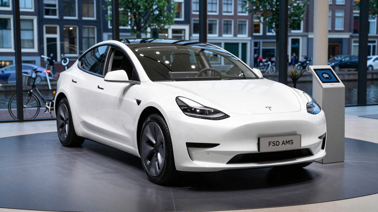 White Tesla Model 3 electric car displayed indoors on a circular platform with city buildings in the background.