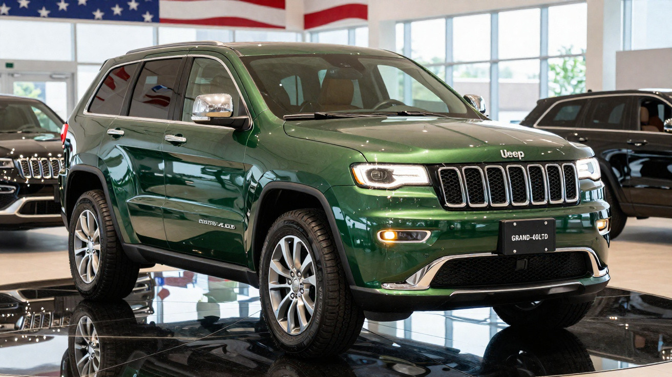 Green Jeep Grand Cherokee SUV displayed in a showroom with American flags in the background