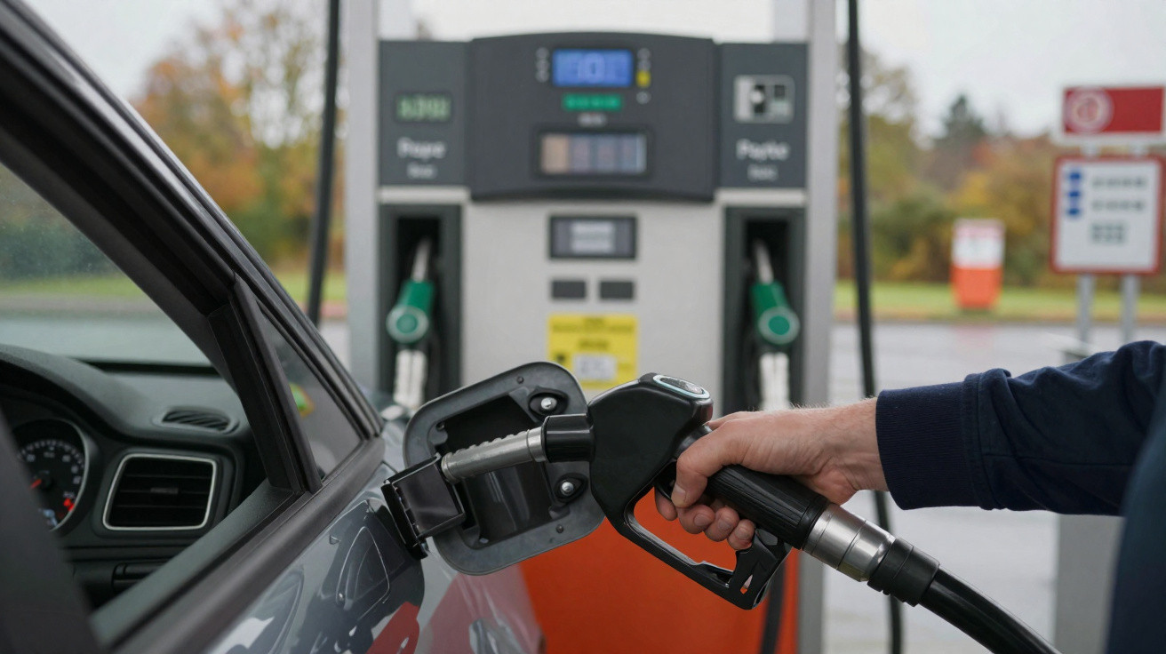 Person refuelling a grey car at a petrol station on an overcast day