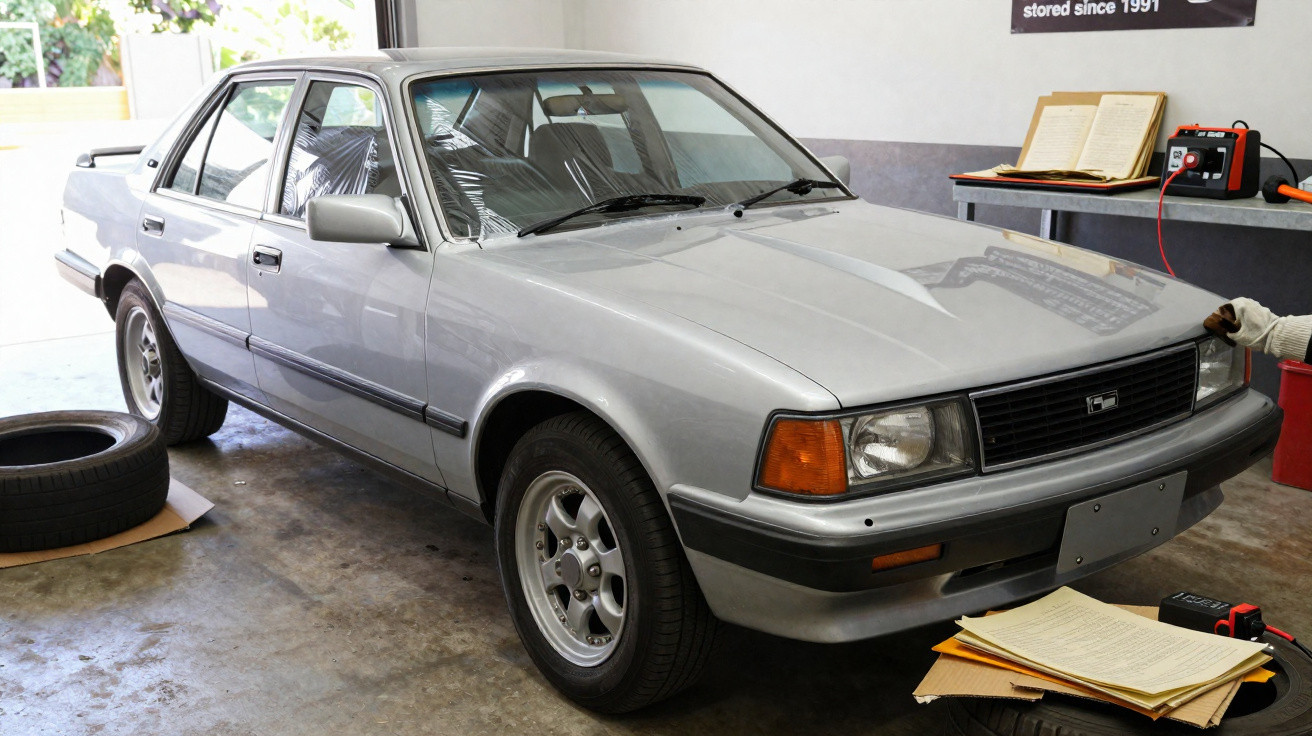 Silver classic four-door sedan parked indoors with spare tyres and documents nearby on the floor.