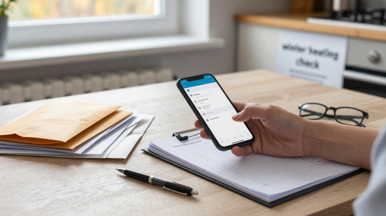 Hand holding smartphone showing settings screen above paperwork on a wooden table with pen and glasses.