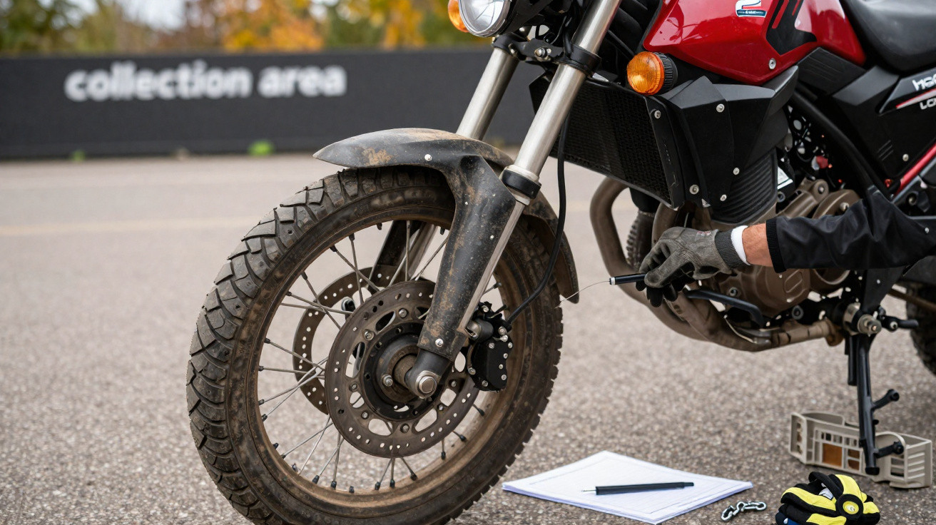 Close-up of a person repairing the front wheel of a red motorcycle in an outdoor collection area.