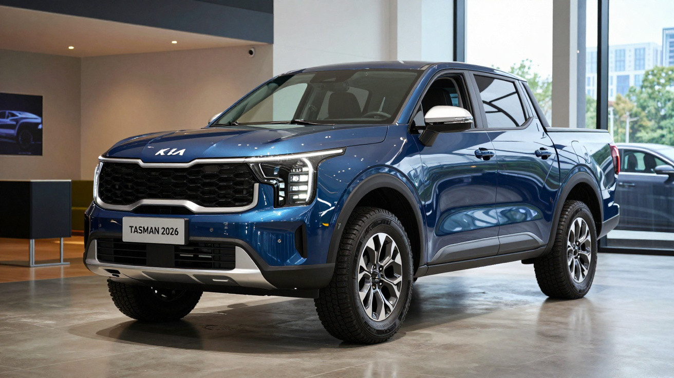 Blue 2026 Kia Tasman dual-cab pickup truck displayed indoors on a polished concrete floor.