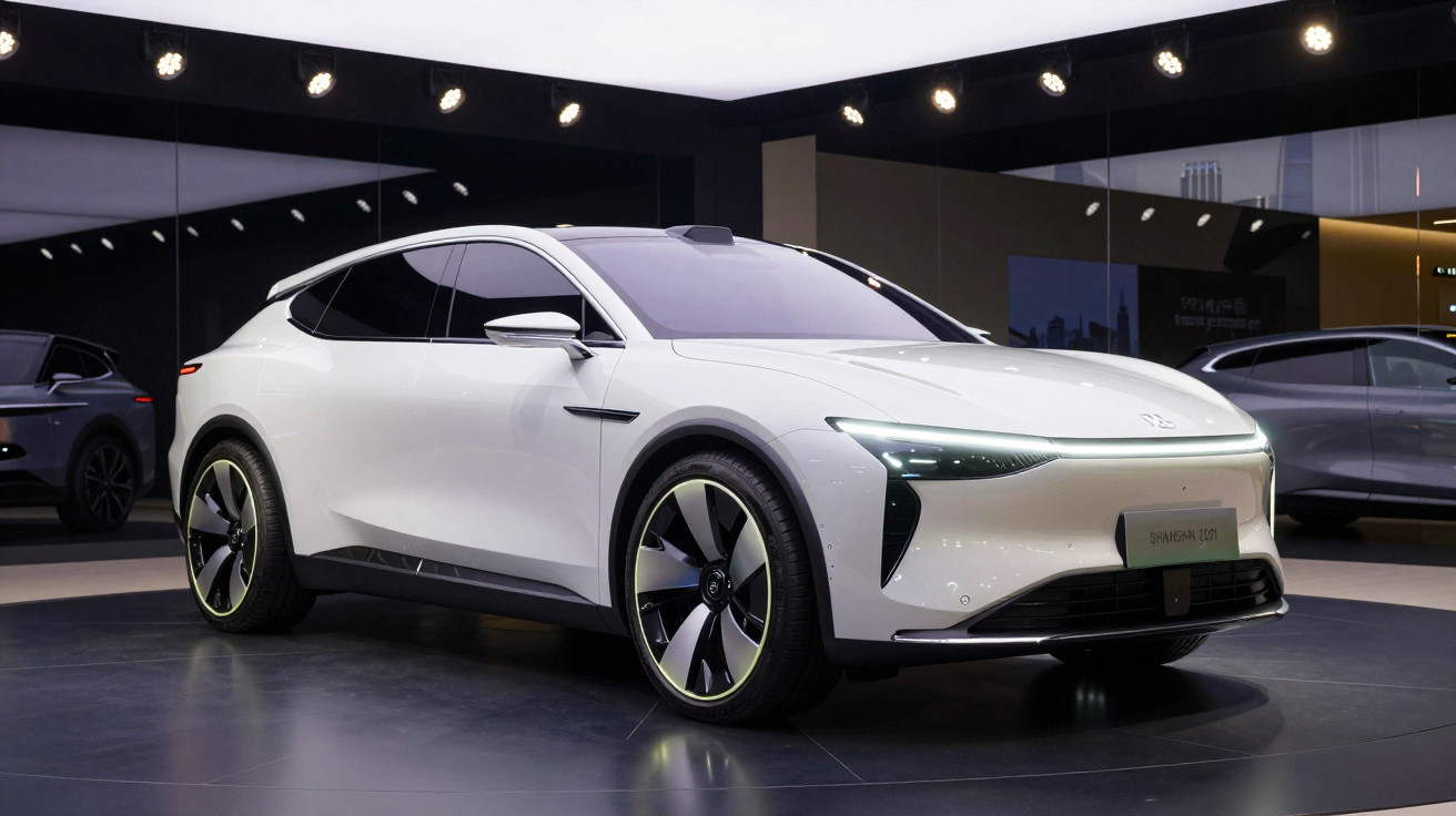 Sleek white electric crossover car showcased indoors with futuristic LED headlights and aerodynamic design.