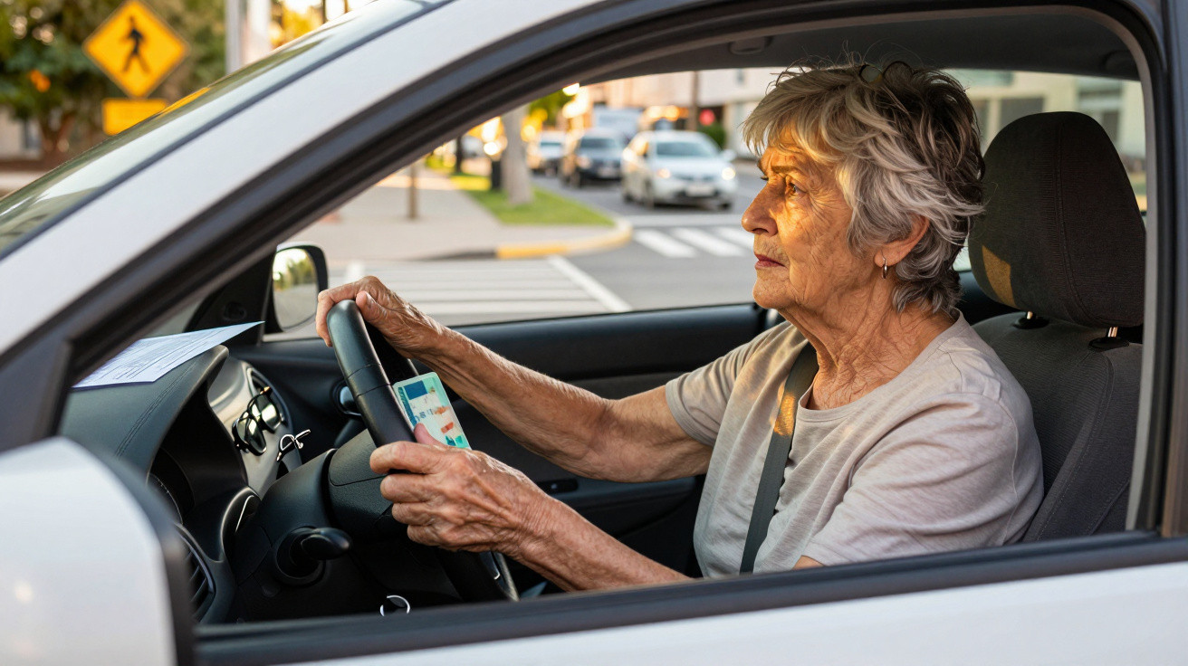 Elderly woman holding a smartphone while driving a car, stopped near a pedestrian crossing.