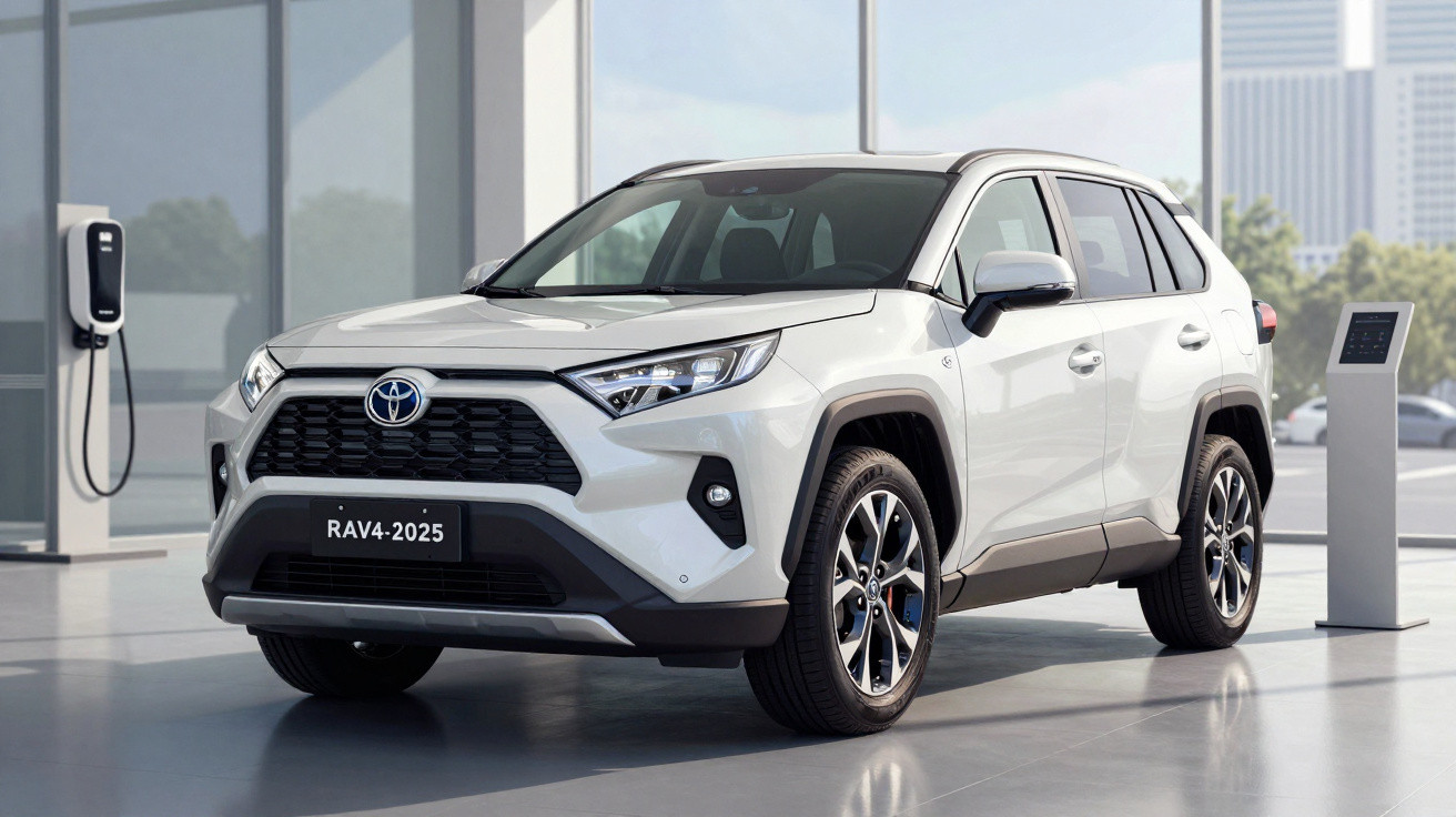 White Toyota RAV4 2025 model parked indoors near electric vehicle charging station and display screen.
