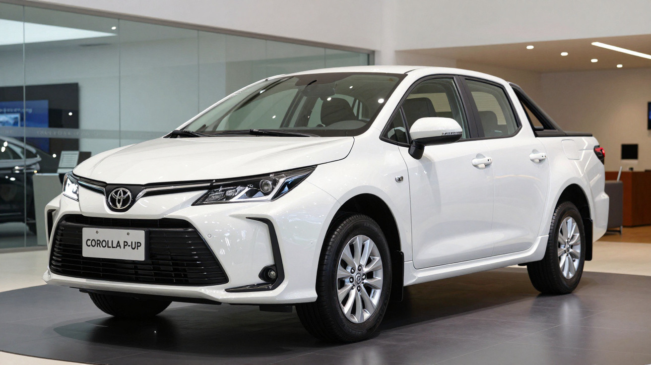 White Toyota Corolla P-Up pickup truck displayed indoors on showroom floor.