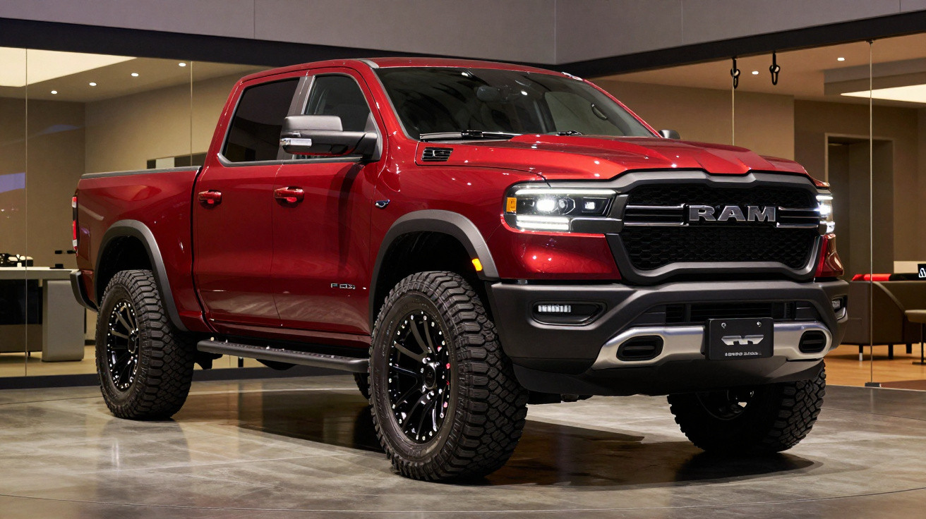 Red RAM pickup truck with black grille and large off-road tires parked indoors in a showroom.