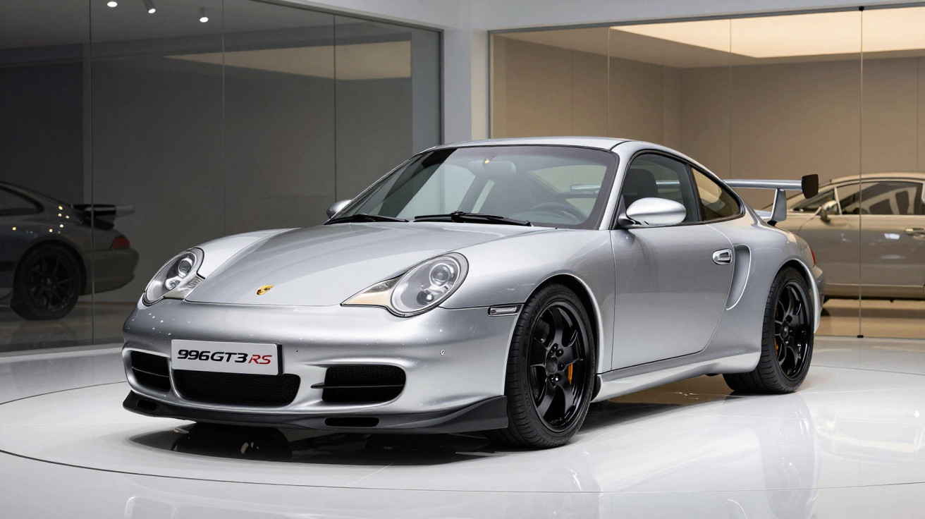 Silver Porsche 996 GT3 RS sports car on display in a modern showroom with glass walls and reflective floor.