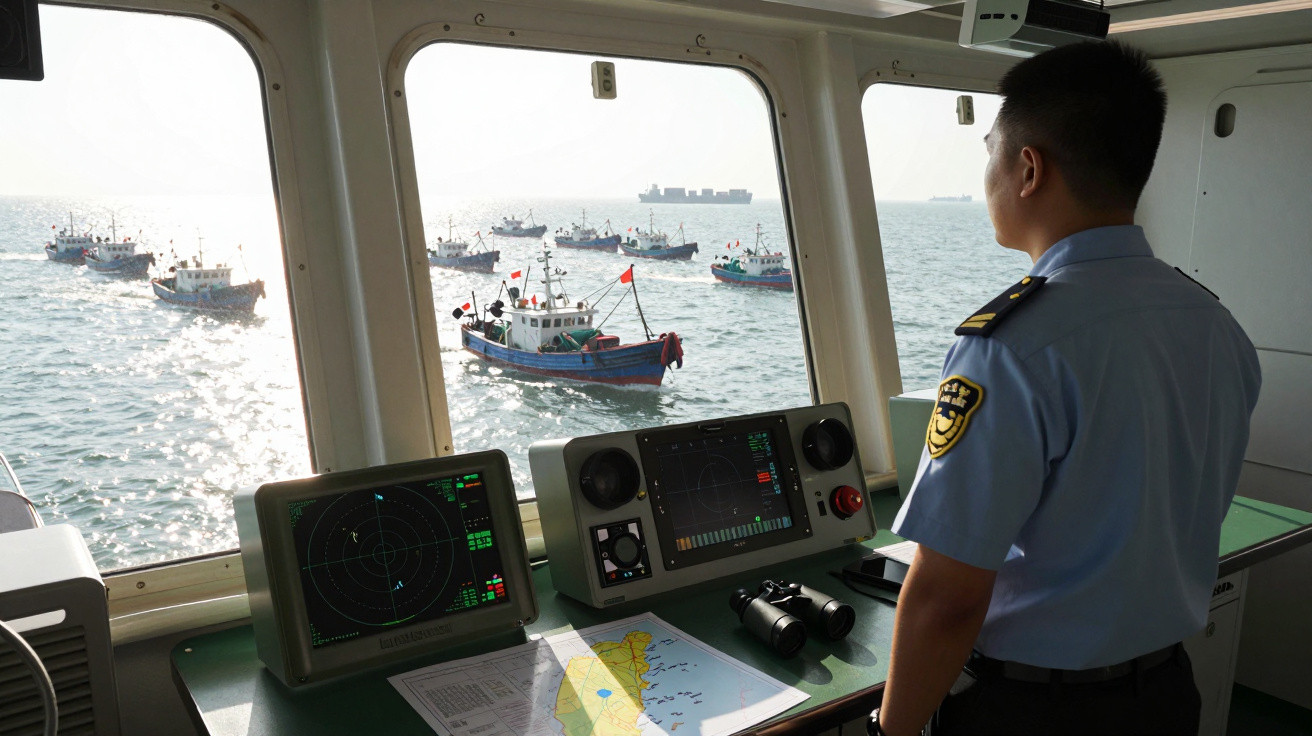 Maritime officer monitoring fishing boats at sea from a ship's control room with radar and maps visible.