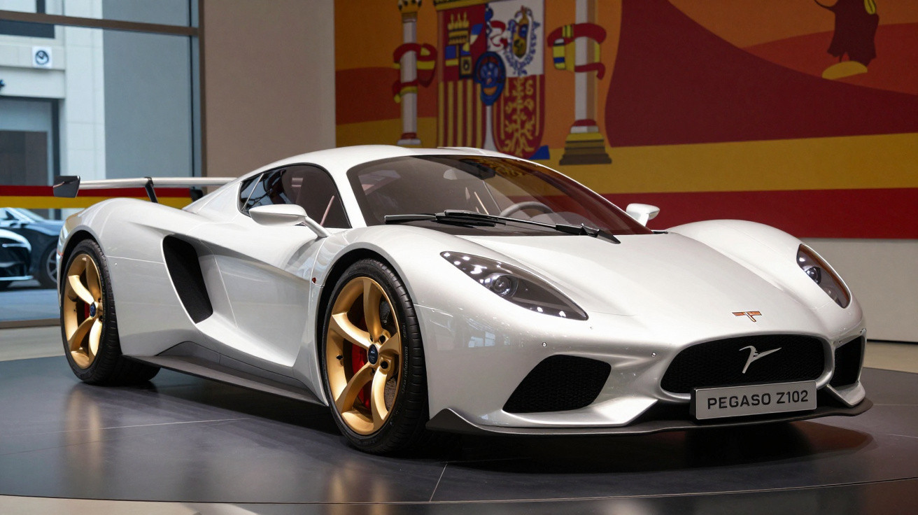 White Pegaso Z102 sports car with gold alloy wheels on display indoor with Spanish flag backdrop.