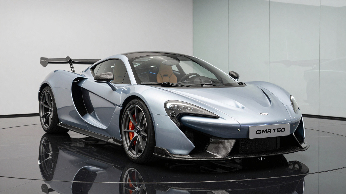 Silver McLaren GMA T50 sports car with rear wing on reflective black floor in white showroom