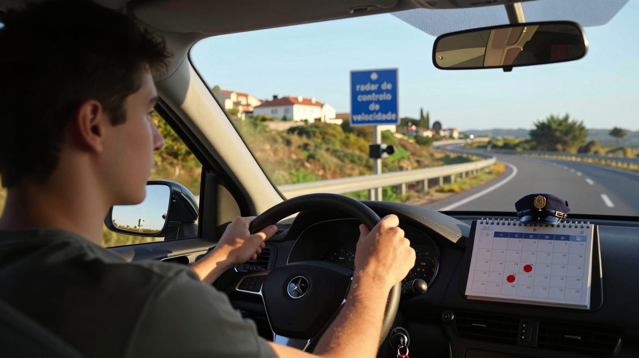 Young man driving a car on a curving road with a speed control radar sign visible ahead.