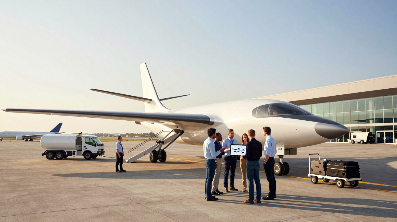 Five people discuss near a sleek white private jet on the tarmac outside a modern airport terminal.