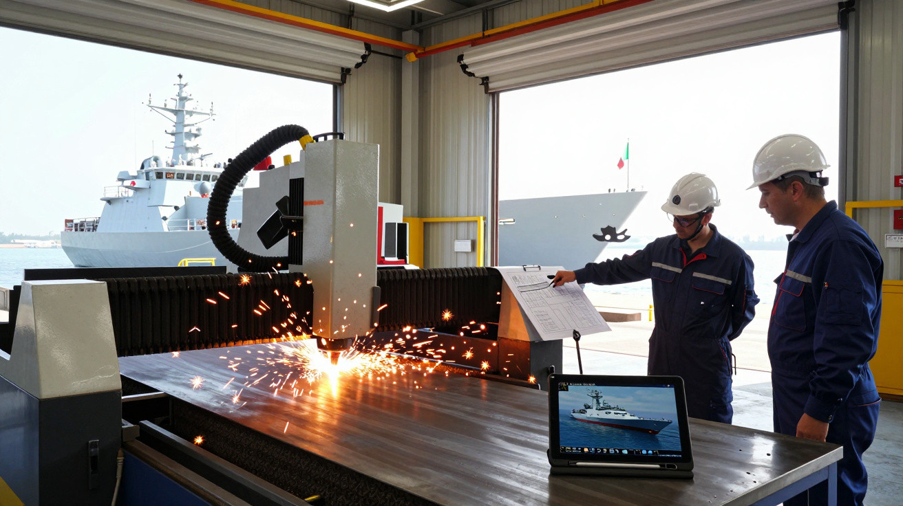 Two engineers in hard hats oversee metal cutting machine sparks inside a shipyard with a naval vessel outside.
