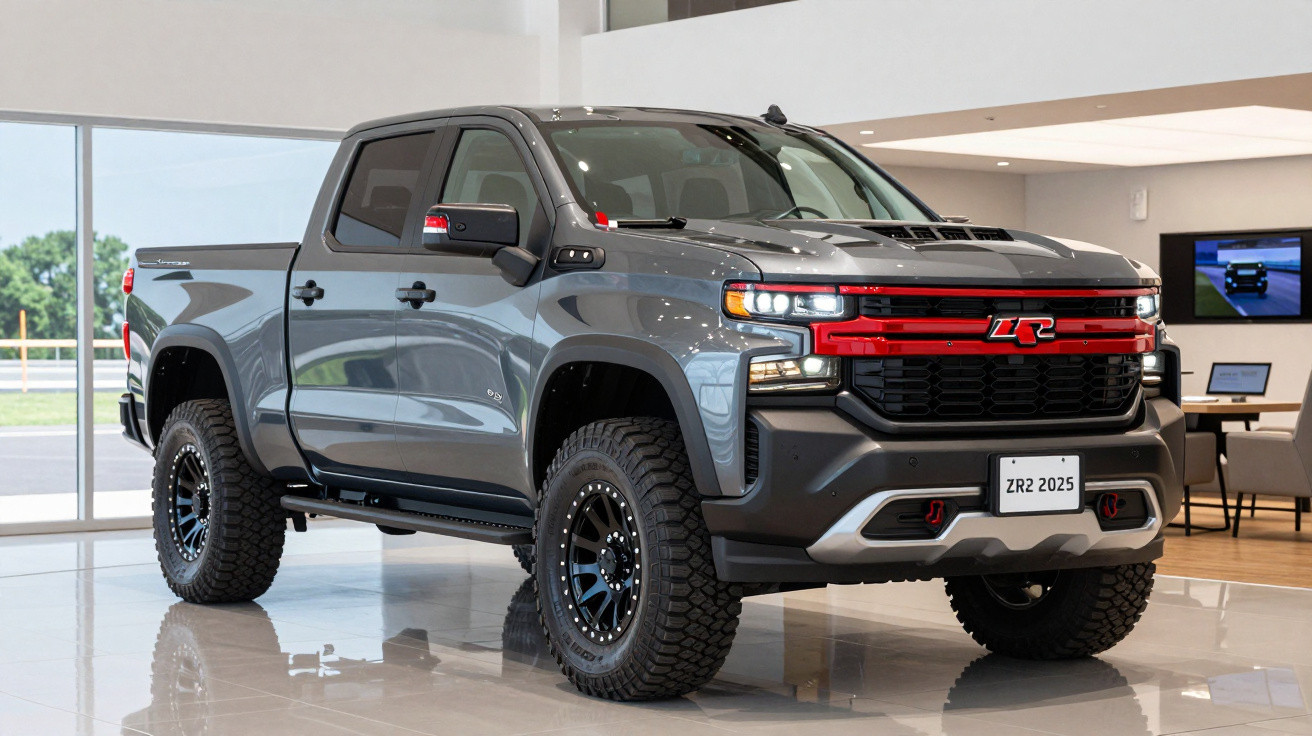 Grey and black lifted pickup truck with red grille accents displayed indoors on a shiny tiled floor.