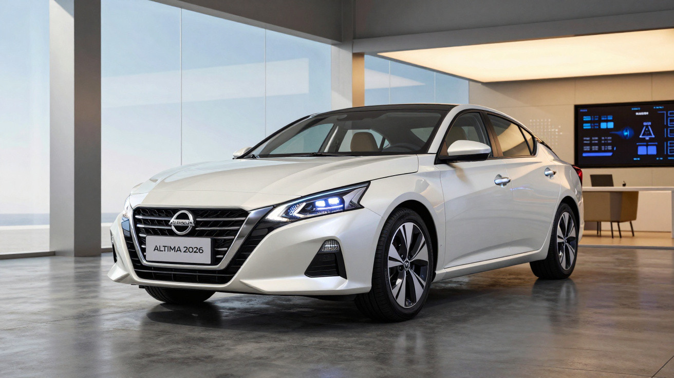 White 2026 Nissan Altima sedan with LED headlights in a modern showroom with glass walls and polished concrete floor