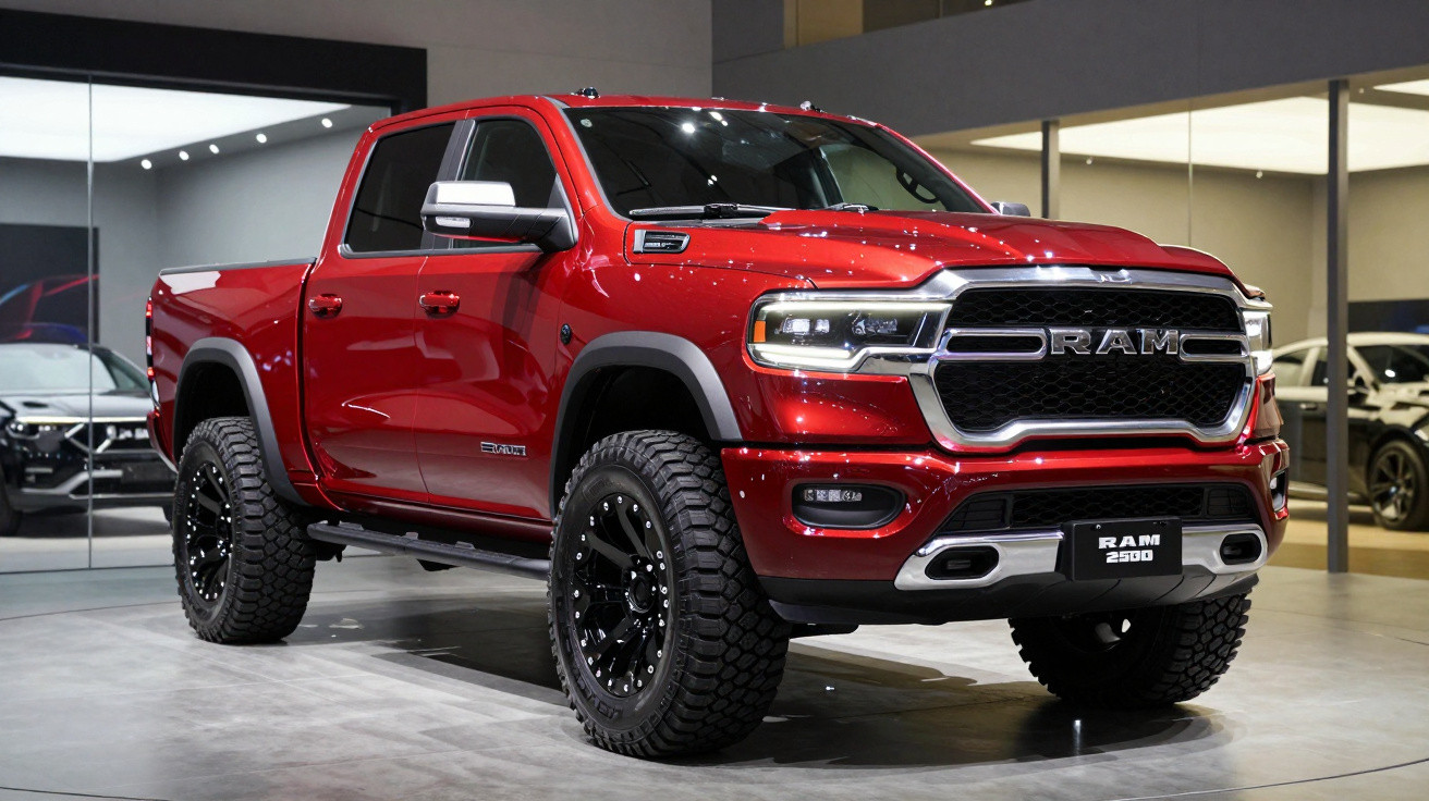 Red RAM 2500 pickup truck with black off-road tires displayed indoors under bright lights.