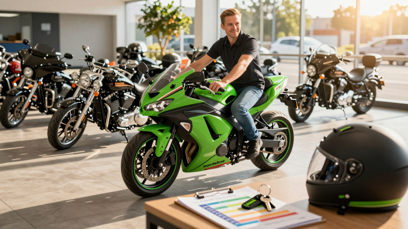 Man sitting on a green sports motorcycle inside a bright showroom with other bikes and a helmet on a table.
