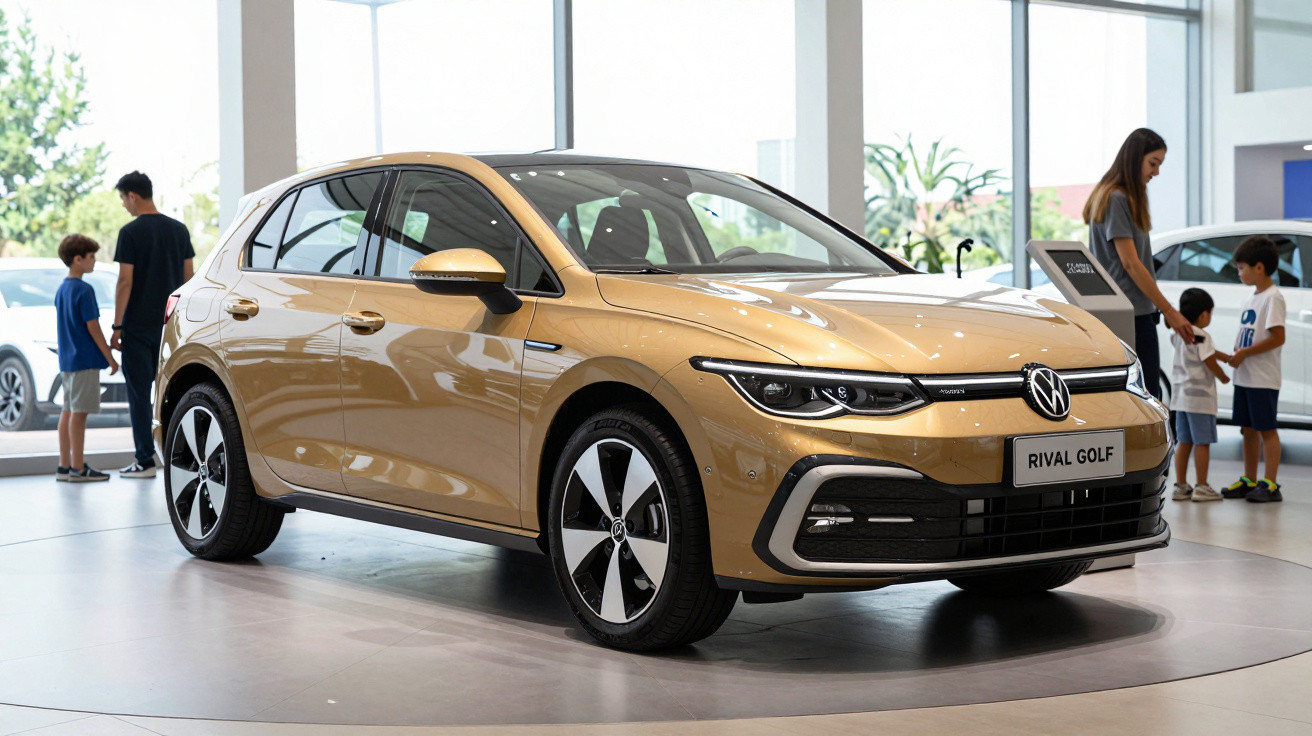 Gold Volkswagen Rival Golf hatchback displayed indoors with people in the background.