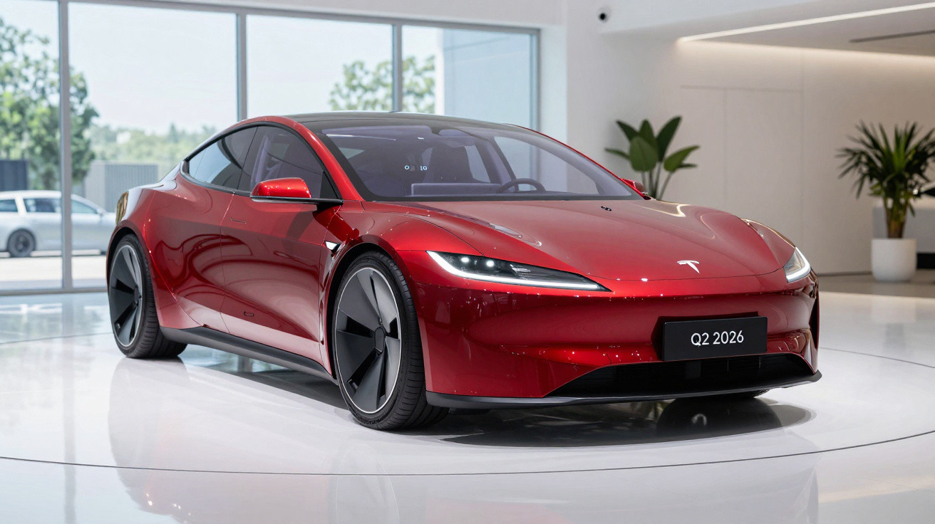 Red Tesla Q2 2026 electric sports car displayed in a bright showroom with large windows and plants.