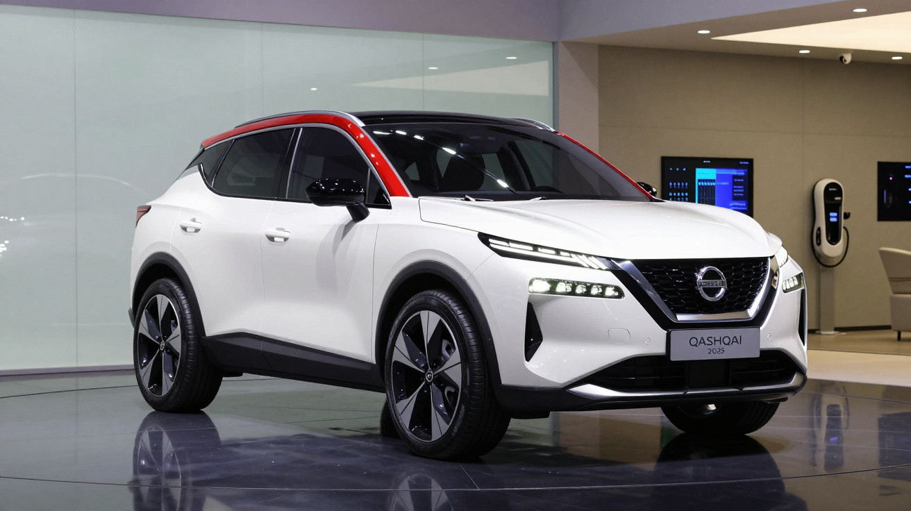 White Nissan Qashqai 2023 model with red roof and black trim on display in showroom.