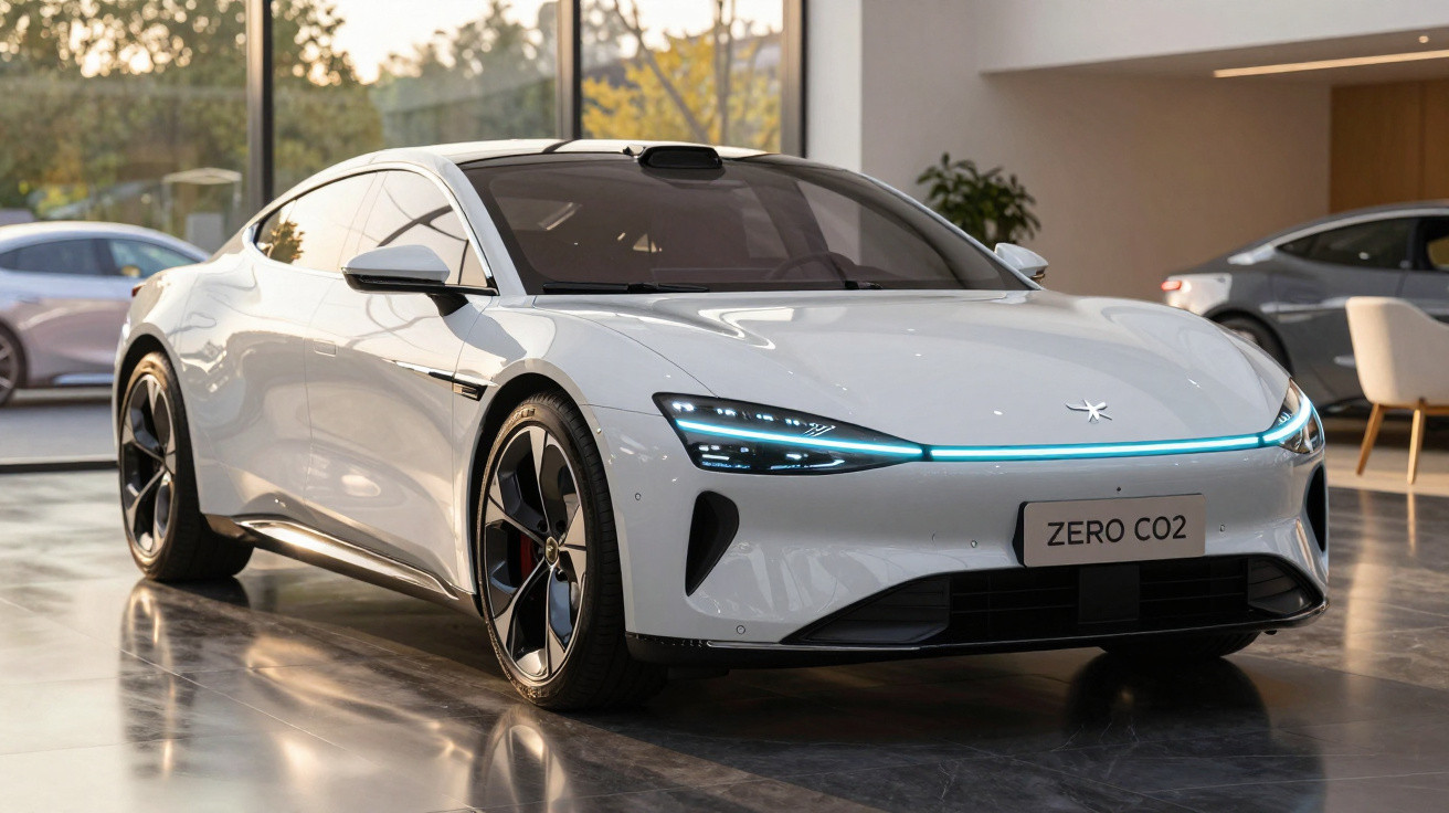 White sleek electric sportscar with blue LED headlights and "ZERO CO2" plate in modern showroom