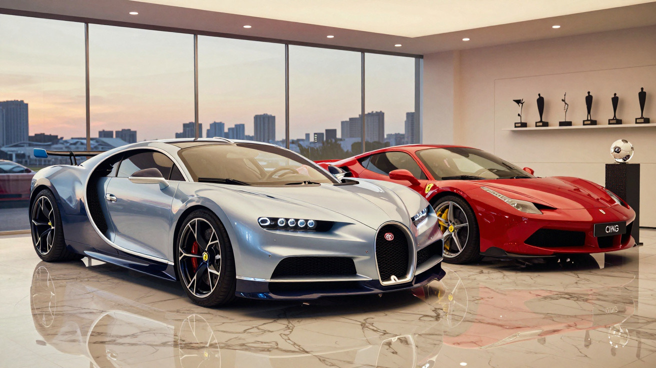 Silver Bugatti Chiron and red Ferrari 488 GTB parked side by side in a luxury showroom with cityscape view.
