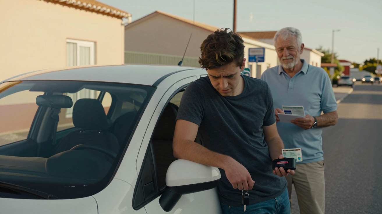 Young man leaning on white car holding keys and wallet, older man with documents standing behind on street.
