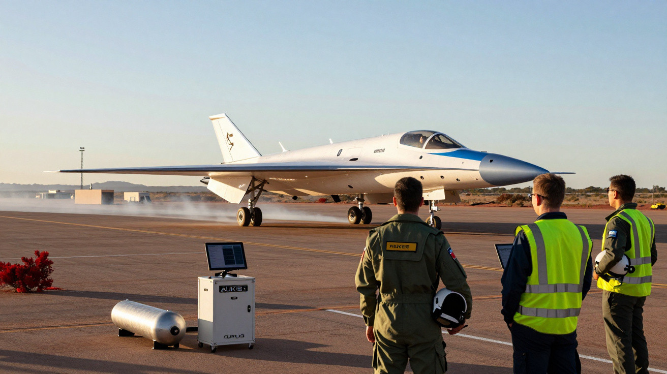 Military drone aircraft landing on runway as three personnel observe during sunset at airbase.
