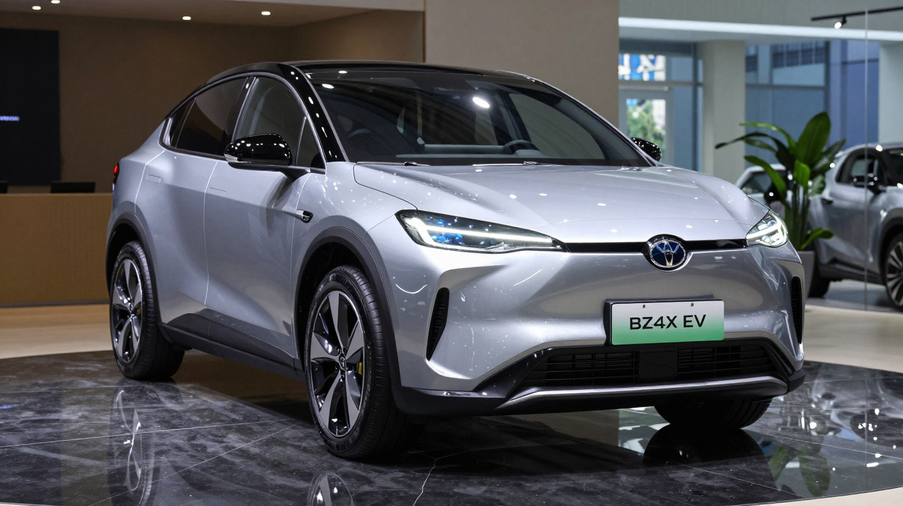Silver Toyota BZ4X electric SUV displayed indoors on a glossy floor.