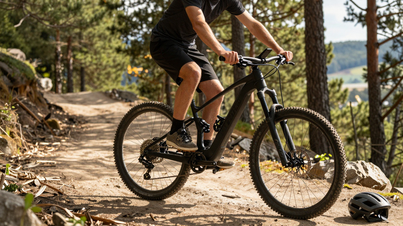Person riding a mountain bike on a dirt trail through a forested area with a helmet on the ground nearby
