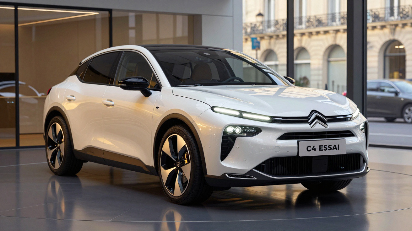 White Citroën C4 ESSAI electric car displayed indoors with sleek modern design and black roof accents