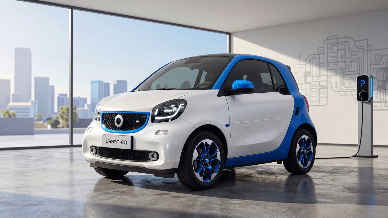 Compact white and blue electric car parked indoors next to a charging station with city skyscrapers visible outside.