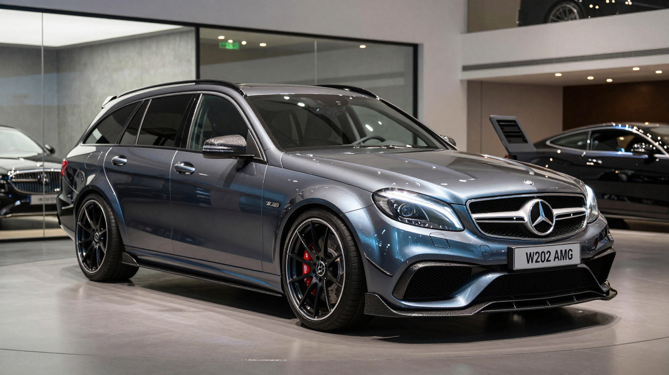 Metallic grey Mercedes-Benz AMG estate car displayed indoors with black alloy wheels and sporty features.