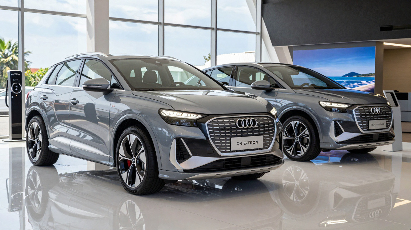 Two grey Audi Q4 E-Tron electric SUVs displayed in a modern showroom with large windows and reflective flooring.