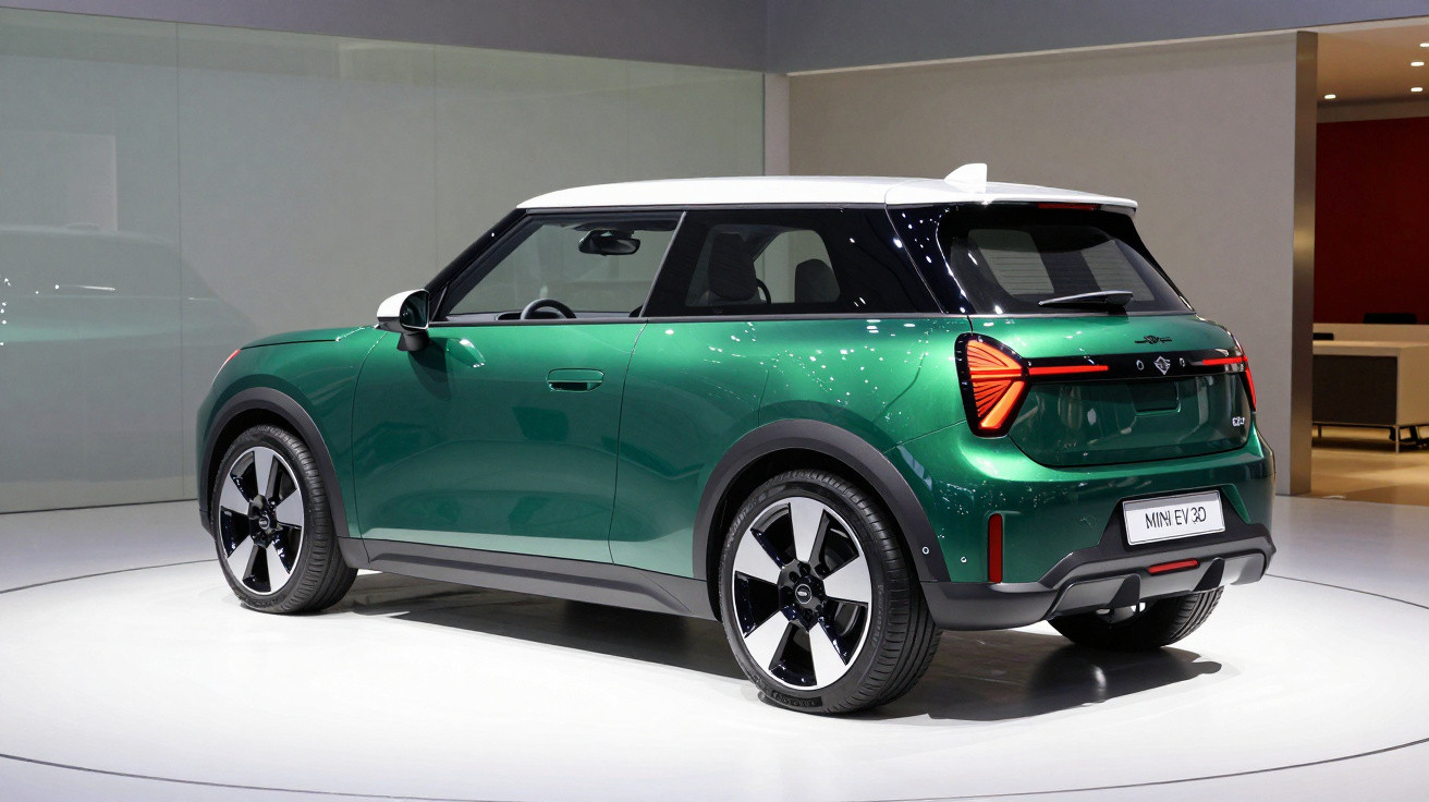 Green MINI EV 3-door electric car with white roof displayed indoors on a white circular platform.