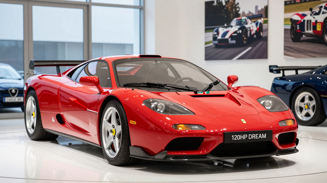 Red Ferrari sports car displayed indoors with "120HP DREAM" license plate and racing posters in background.