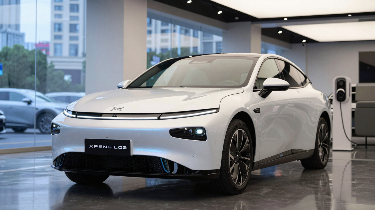 White XPeng L03 electric car displayed indoors with charging station and city view through window.