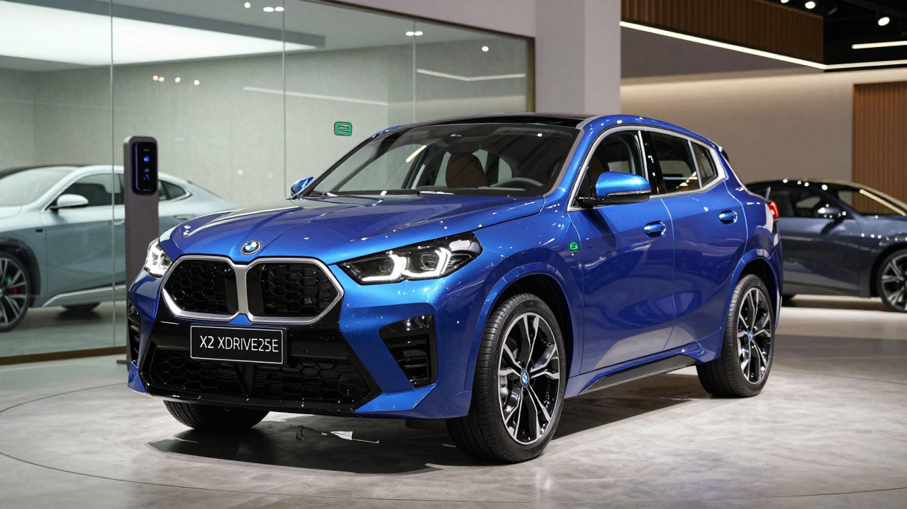 Blue BMW X2 xDrive25e compact SUV on display in a modern showroom with glass walls and polished floor.