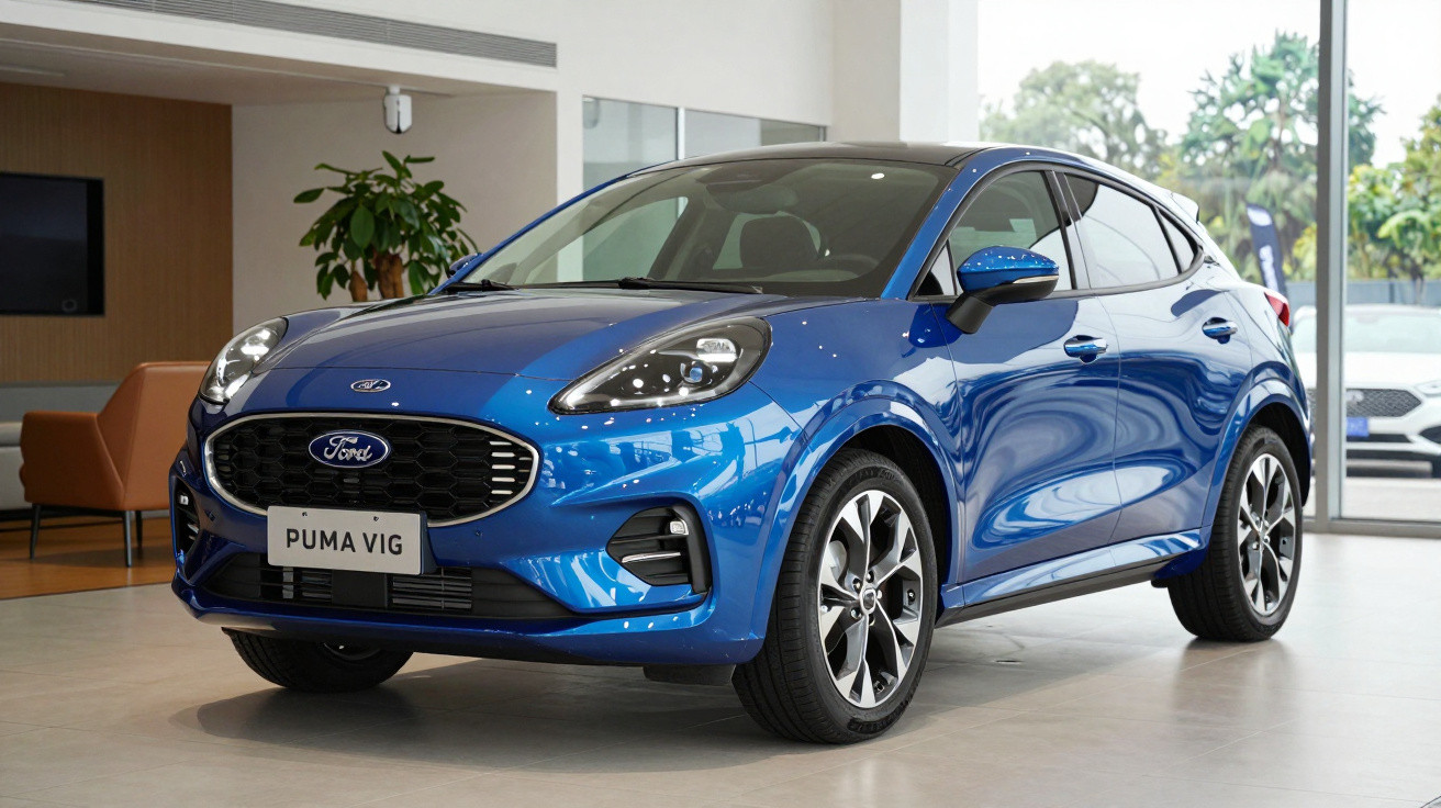 Blue Ford Puma VIG compact crossover showcased indoors with modern furniture in the background.