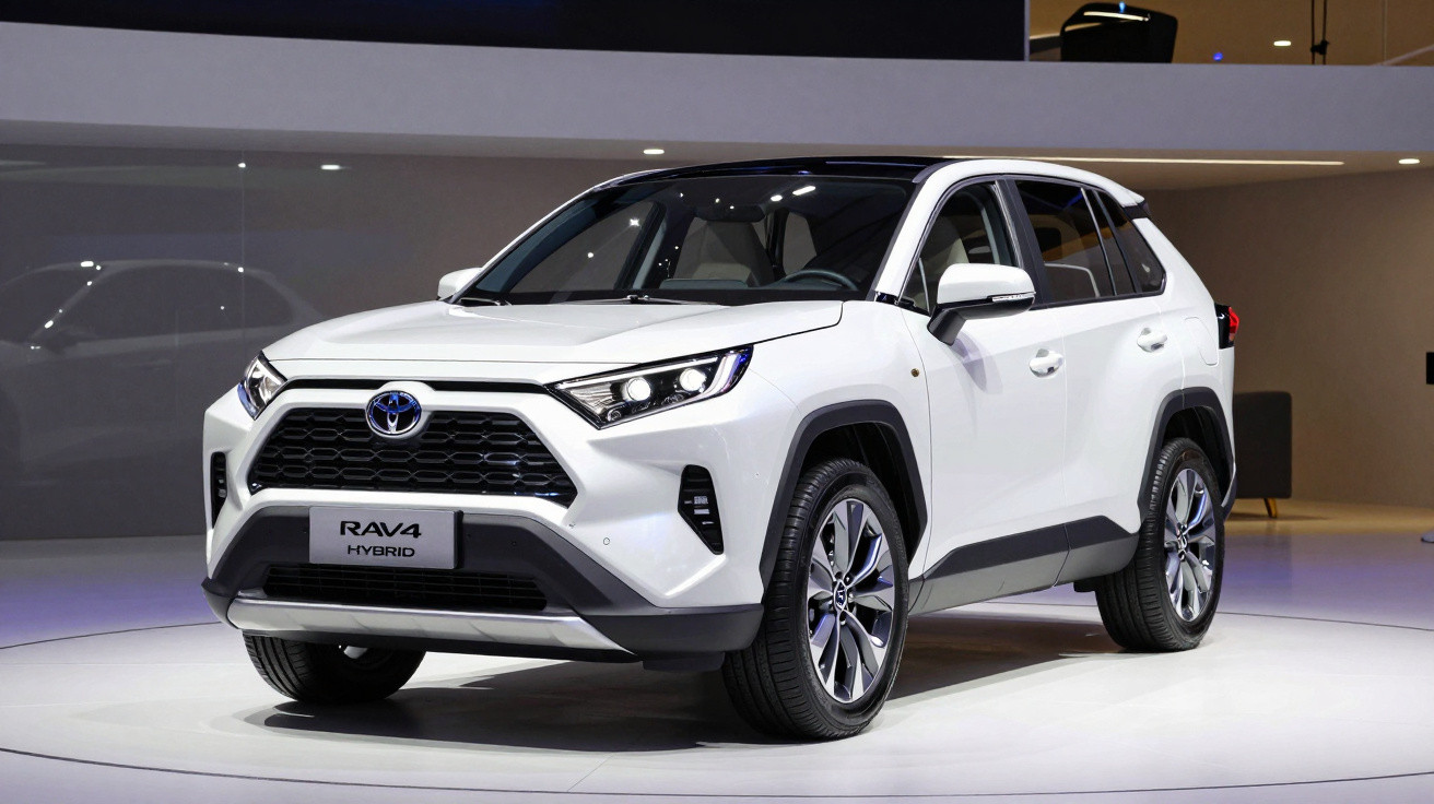 White Toyota RAV4 Hybrid SUV displayed indoors with dark tinted windows and black roof accents.