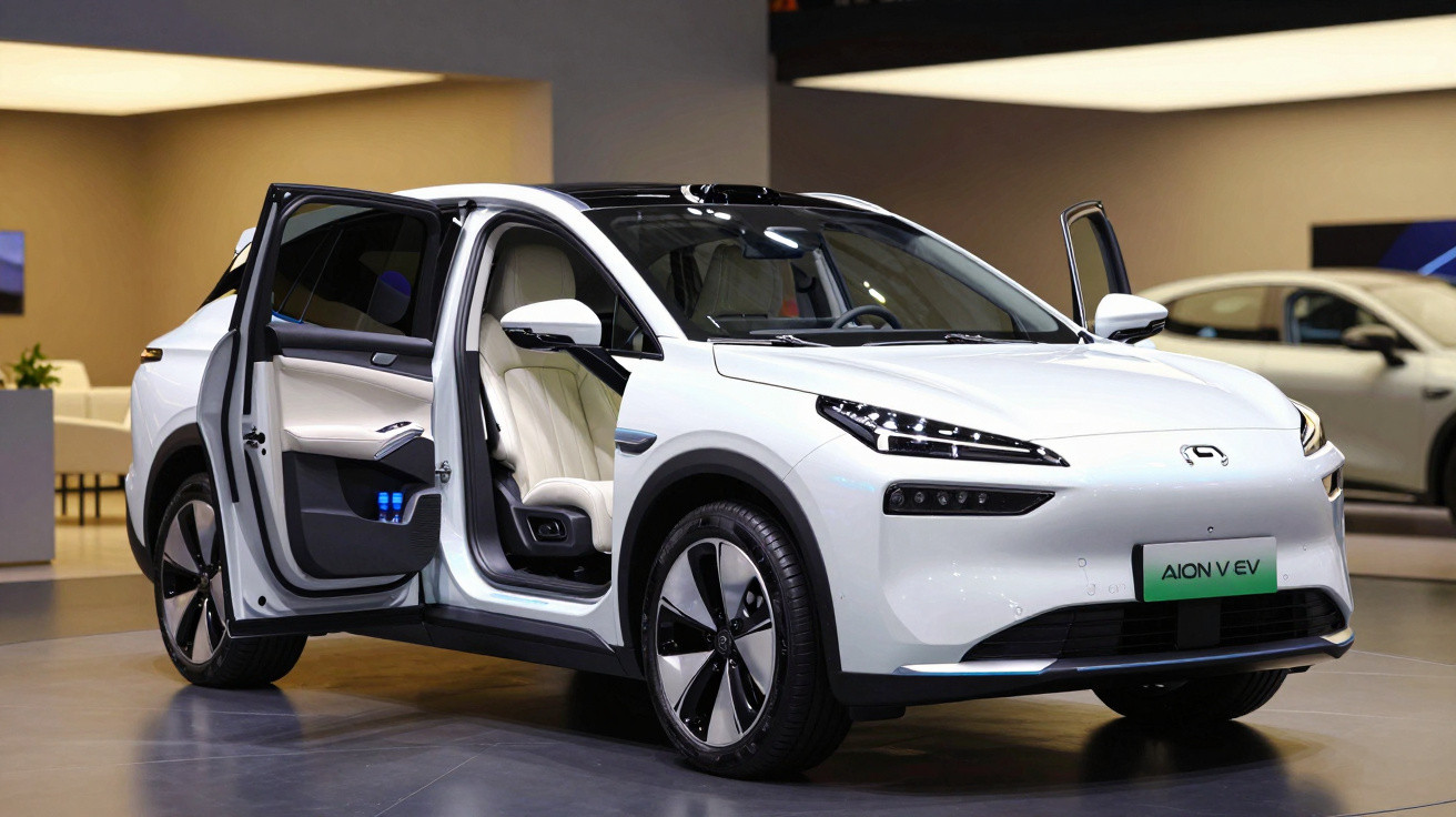 White Aion V electric SUV with front and rear passenger doors open, showcasing beige leather interior.