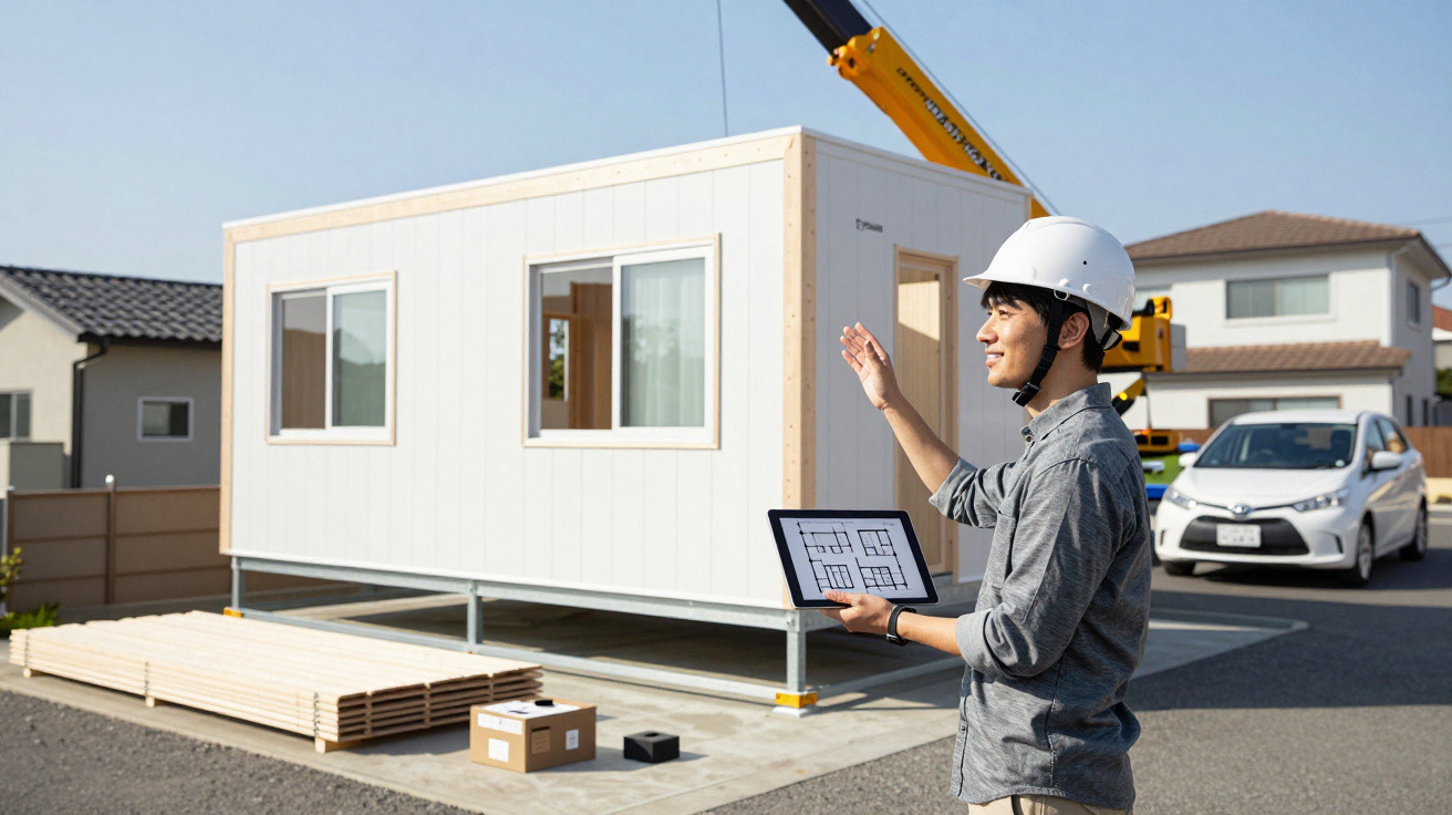 Construction worker with a helmet holding a tablet, inspecting a modular home being installed in a residential area.